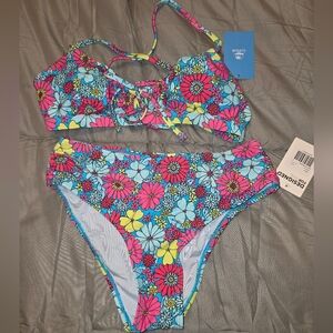 Floral Bikini Set with Pink and Blue Flowers